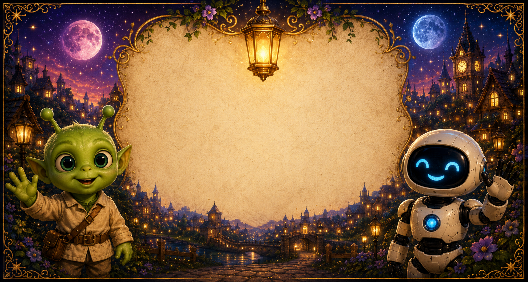 Pip and Nova welcoming visitors beside a parchment framed by Glimmerwick village and two moons